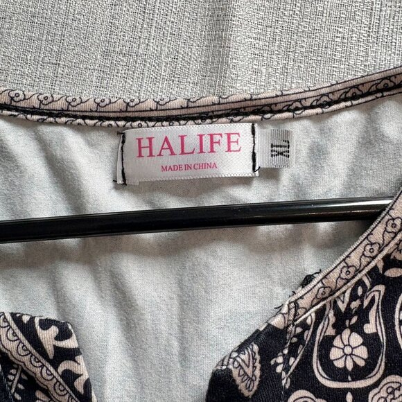 Halife Womens Short-Sleeve Paisley Print Boho Tunic Top Black & Beige Size L - Picture 5 of 8